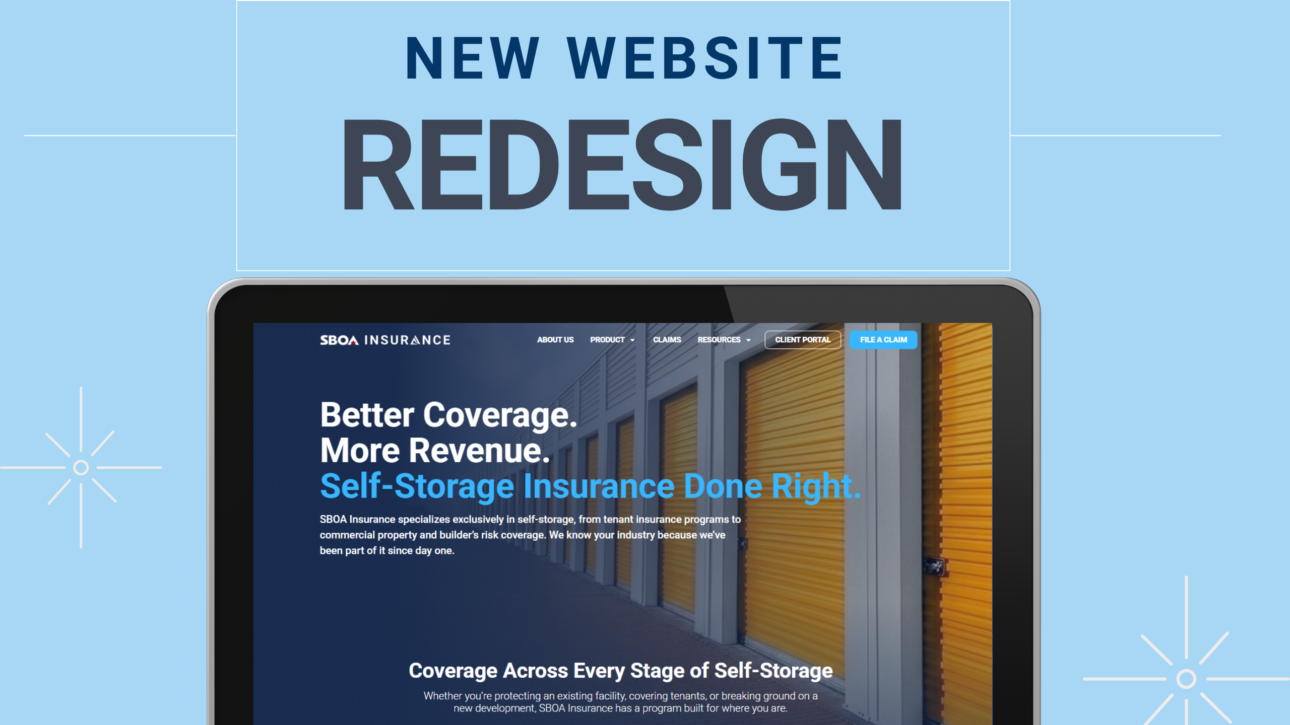 Tablet displaying redesigned SBOA Insurance website homepage announcement banner